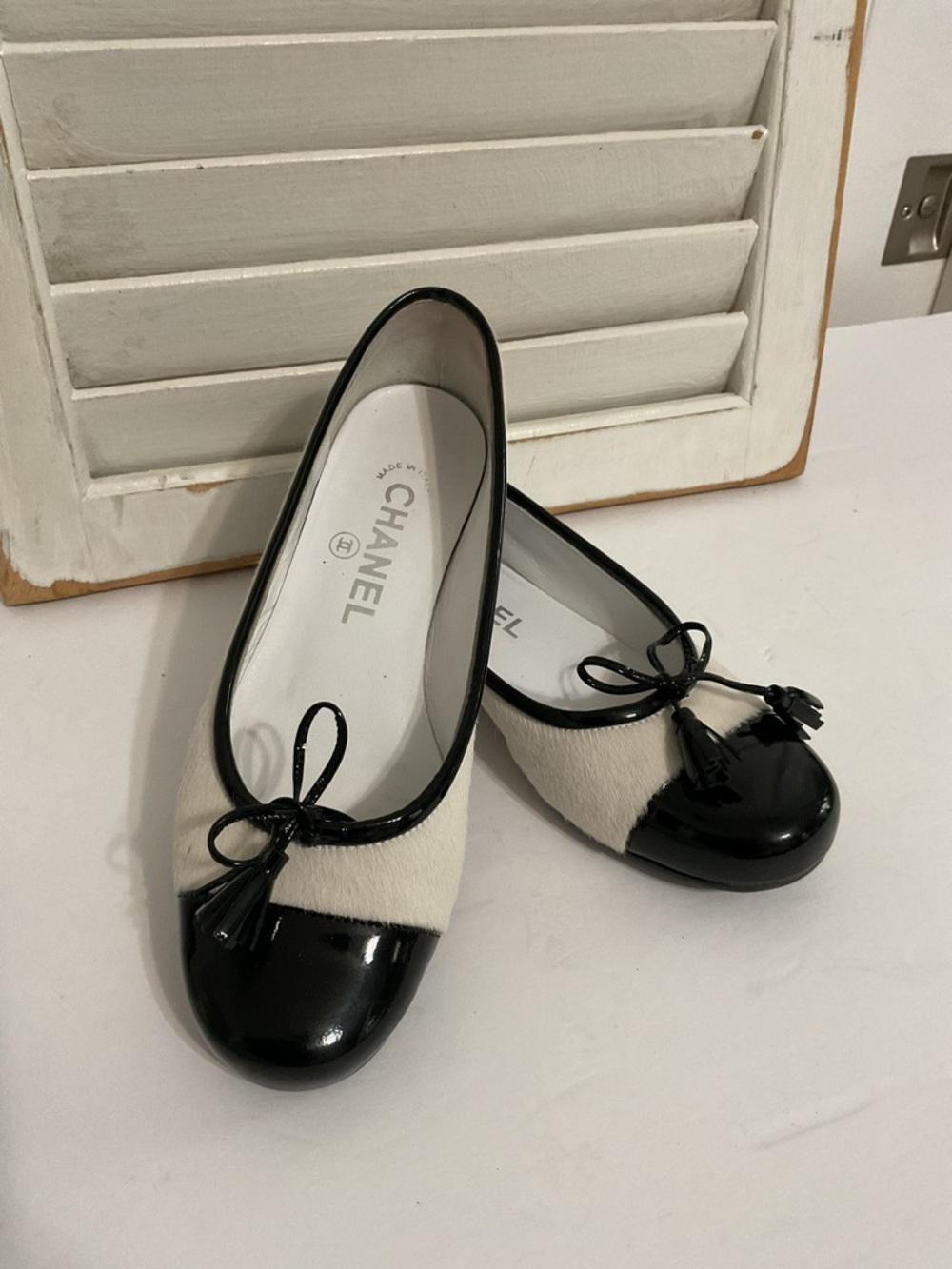 CHANEL Shoes Pony Hair Patent Cap Toes Ballet Flats Size 36